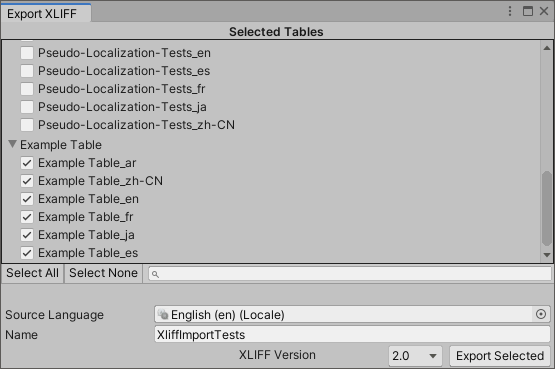 The Export XLIFF window, with all tables selected.