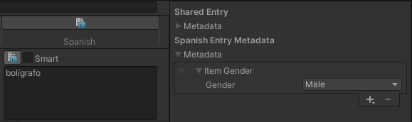 Screenshot showing a field with Spanish text boligrafo (pen). Next to the text the metadata for Item gender is set to Male.