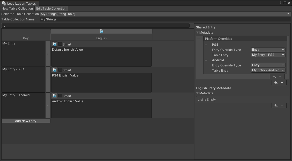 An example of a String Table Collection using Entry Platform Overrides.