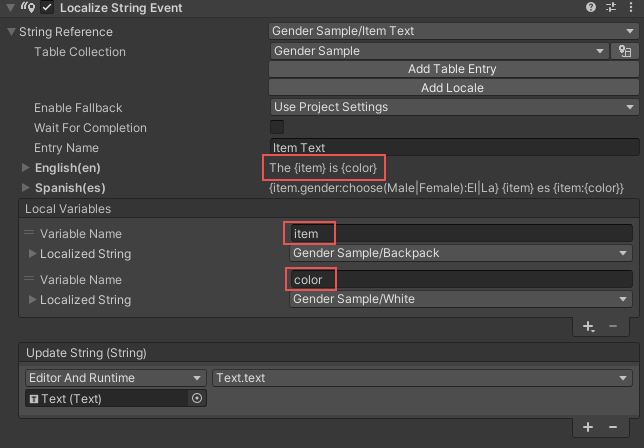 Inspector showing a LocalizedString with 2 local variables, both of which are also LocalizedStrings, one is called item and the other is called color. The English value is The {item} is {color}.