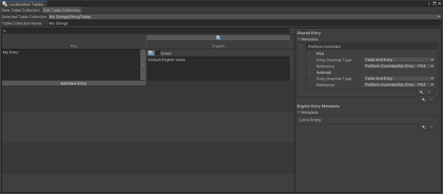 Example of a String Table using a different Table and Entry for each platform override.