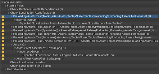 Example of running the Check Asset Tables analyzer.