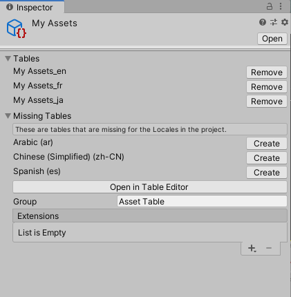 Asset Table Collection inspector view.