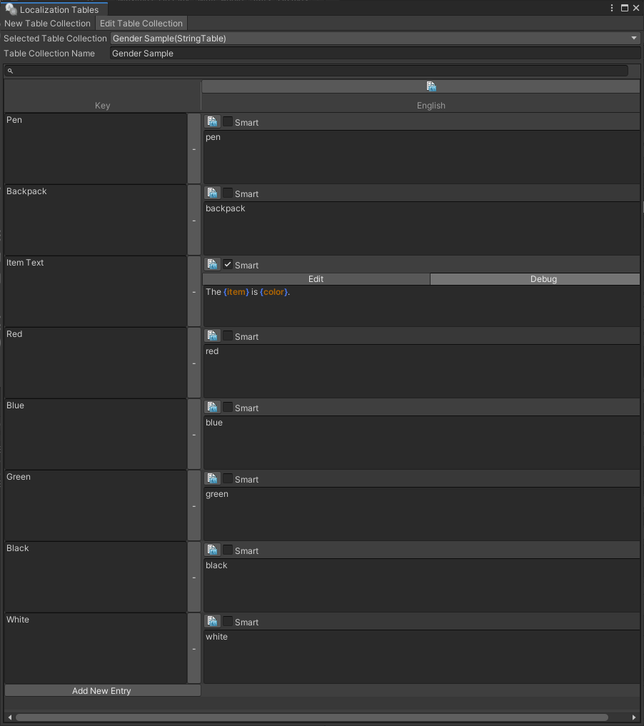 Localization table window showing multiple entries which can be nested into each other.