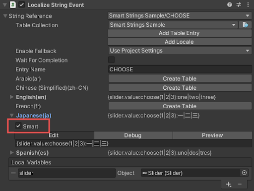 Localized String editor highlighting the Smart field for English and Japanese.