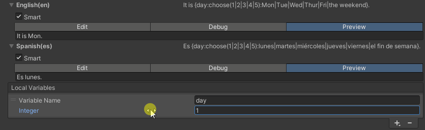 Example of a Smart String to show the days of the week. A numeric value is converted into a day string representation using the choose formatter.