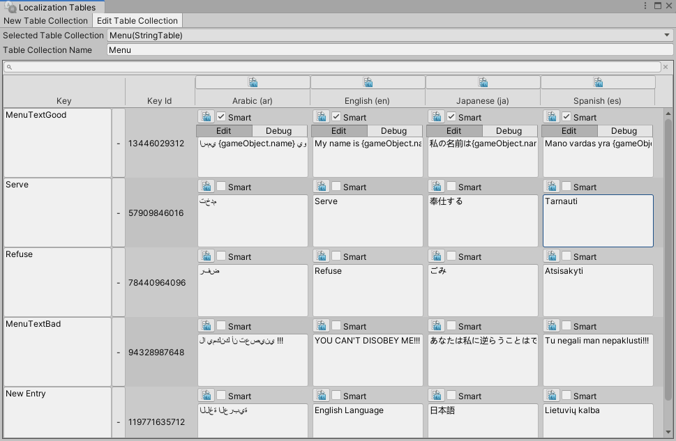 Example String Table Collection using Distributed ID Generator keys.