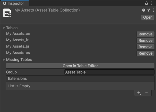 Asset Table Collection inspector view.