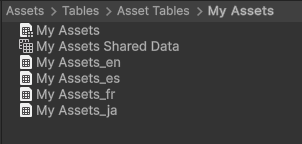 Example Asset Table Collection assets for English, French and Japanese.