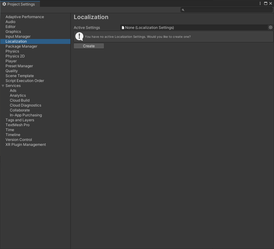 Create the Localization Project Settings.