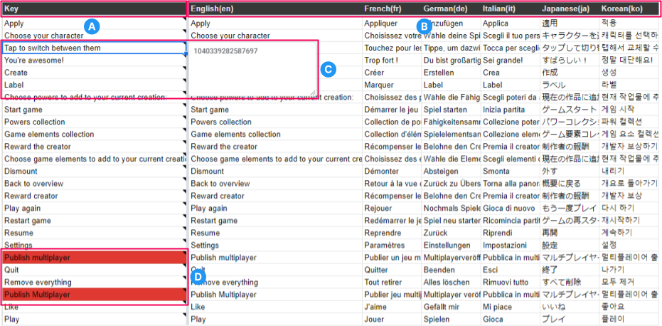 An example of a Google sheet with populated localization data.