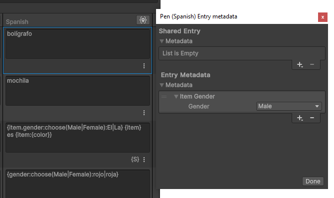 Screenshot showing a field with Spanish text boligrafo (pen). Next to the text the metadata for Item gender is set to Male.