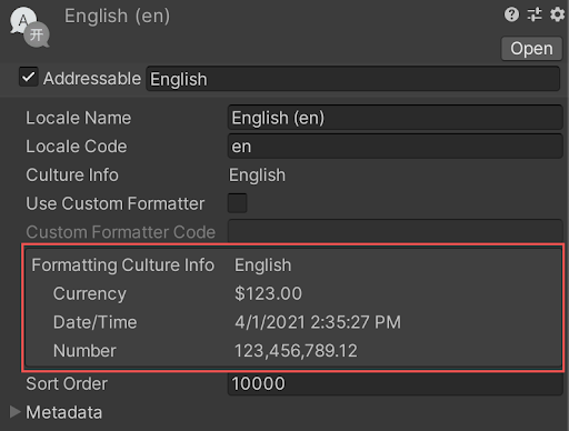 Locale Inspector window for an English locale. The Formatting Culture Info field is highlighted to show formatting for currency, date/time and numbers.