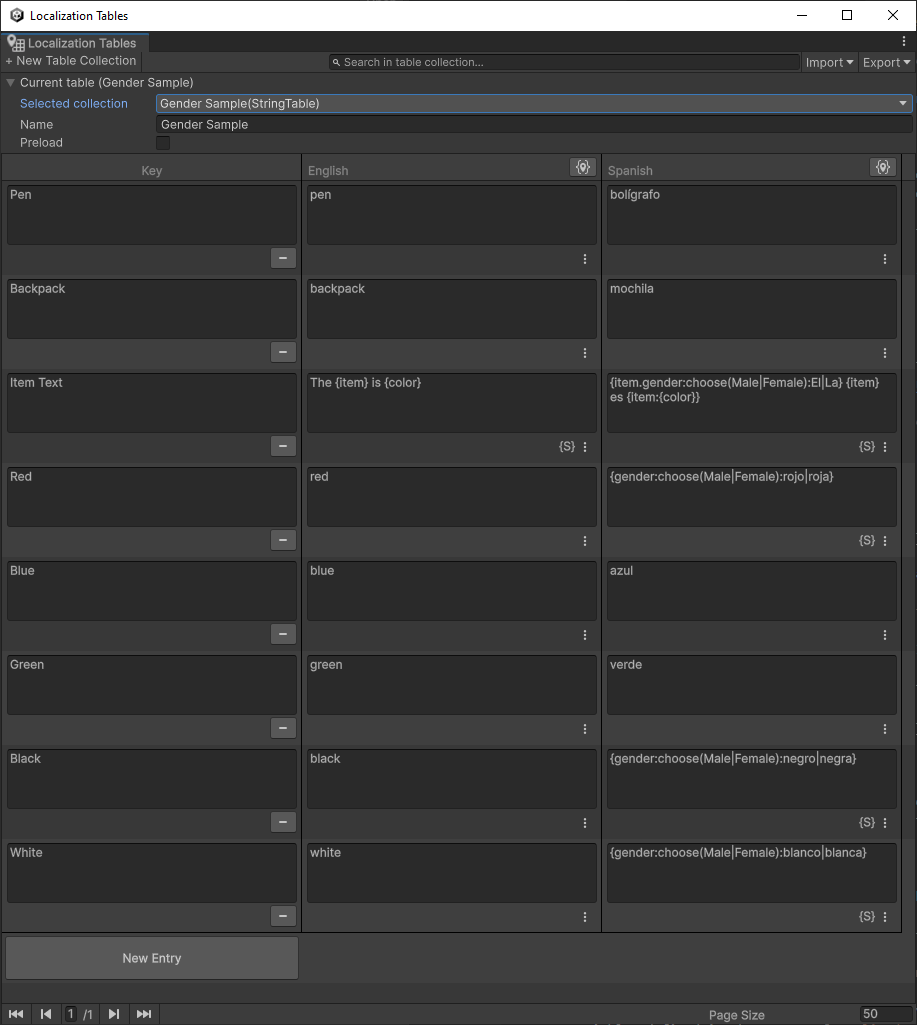 Localization table window showing multiple entries which can be nested into each other.