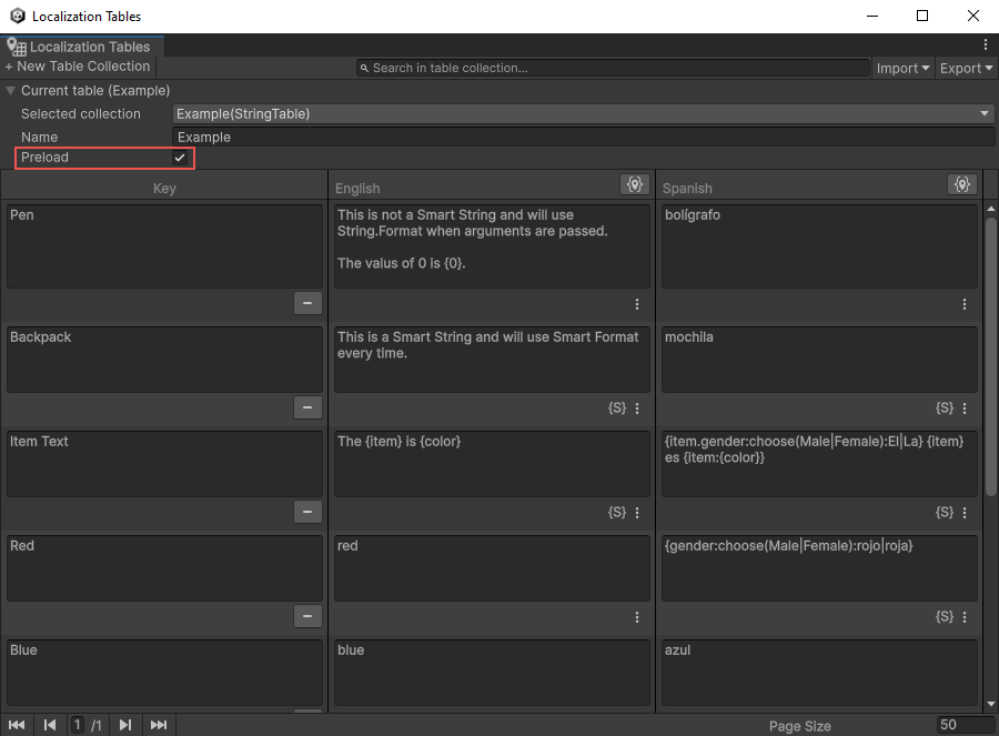 Preloading can be configured from the Localization Tables window top panel.