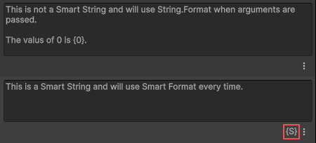 The Localization Table window displays two rows. A normal string at the top and a Smart String at the bottom.