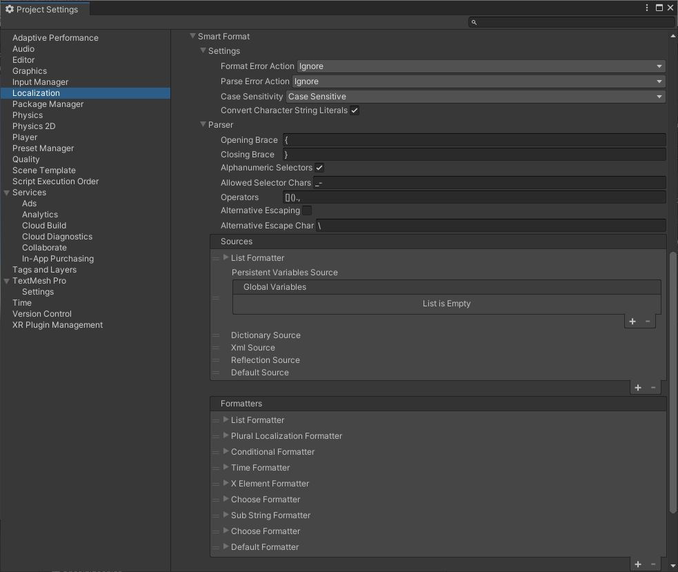 Project settings window showing Localization settings for Smart Format.