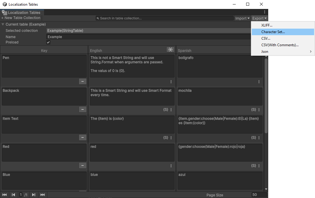 Exporting a Character Set from the Localization Tables Window