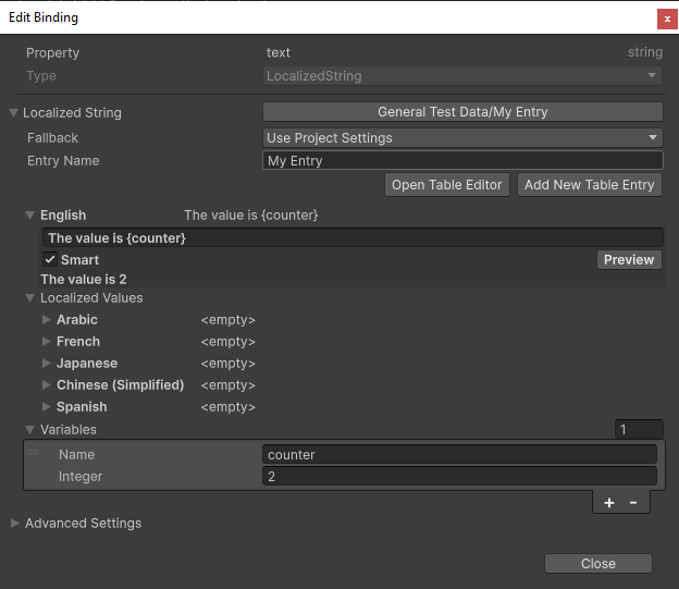 Configuring a localized string in the Add binding window.