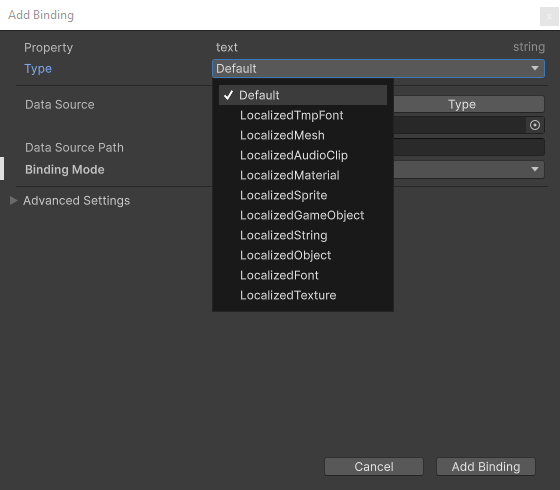 Add binding window type popup showing localization binding types.