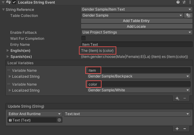 Inspector showing a LocalizedString with 2 local variables, both of which are also LocalizedStrings, one is called item and the other is called color. The English value is The  is .