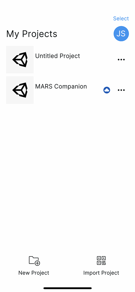 Unity MARS Mobile Companion Project List View