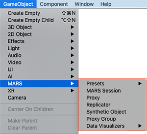 MARS sub-menu in Unity's GameObject menu