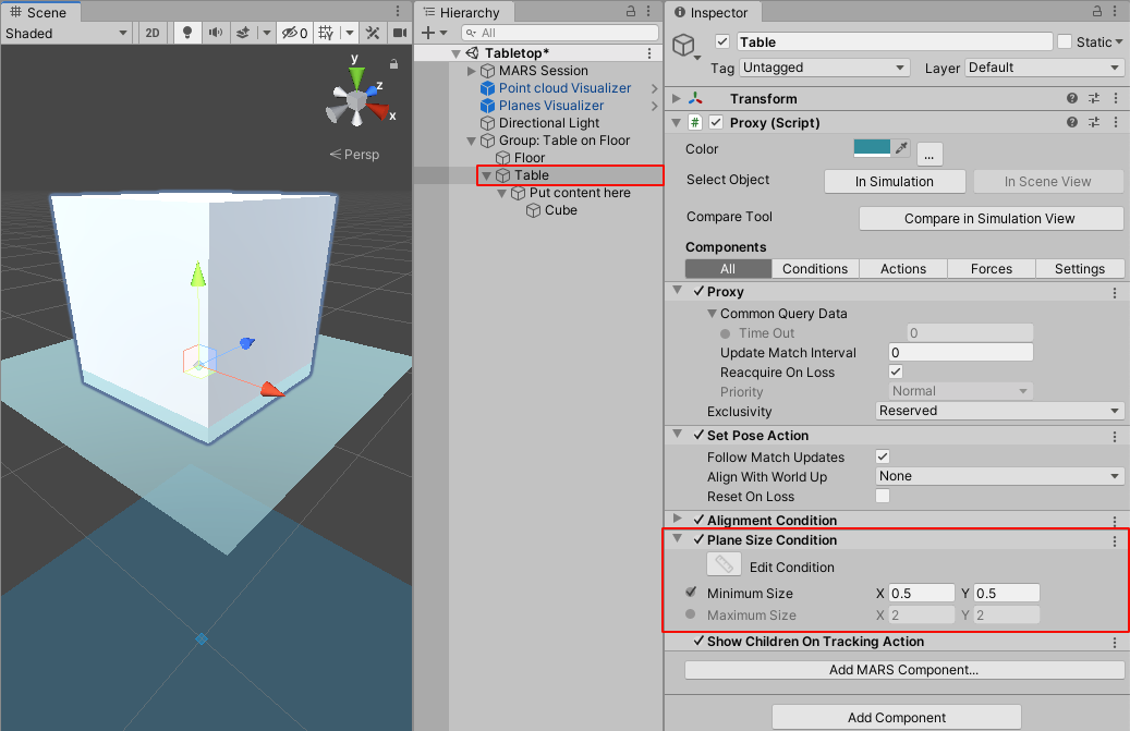 Table Proxy in the Scene's Hierarchy window