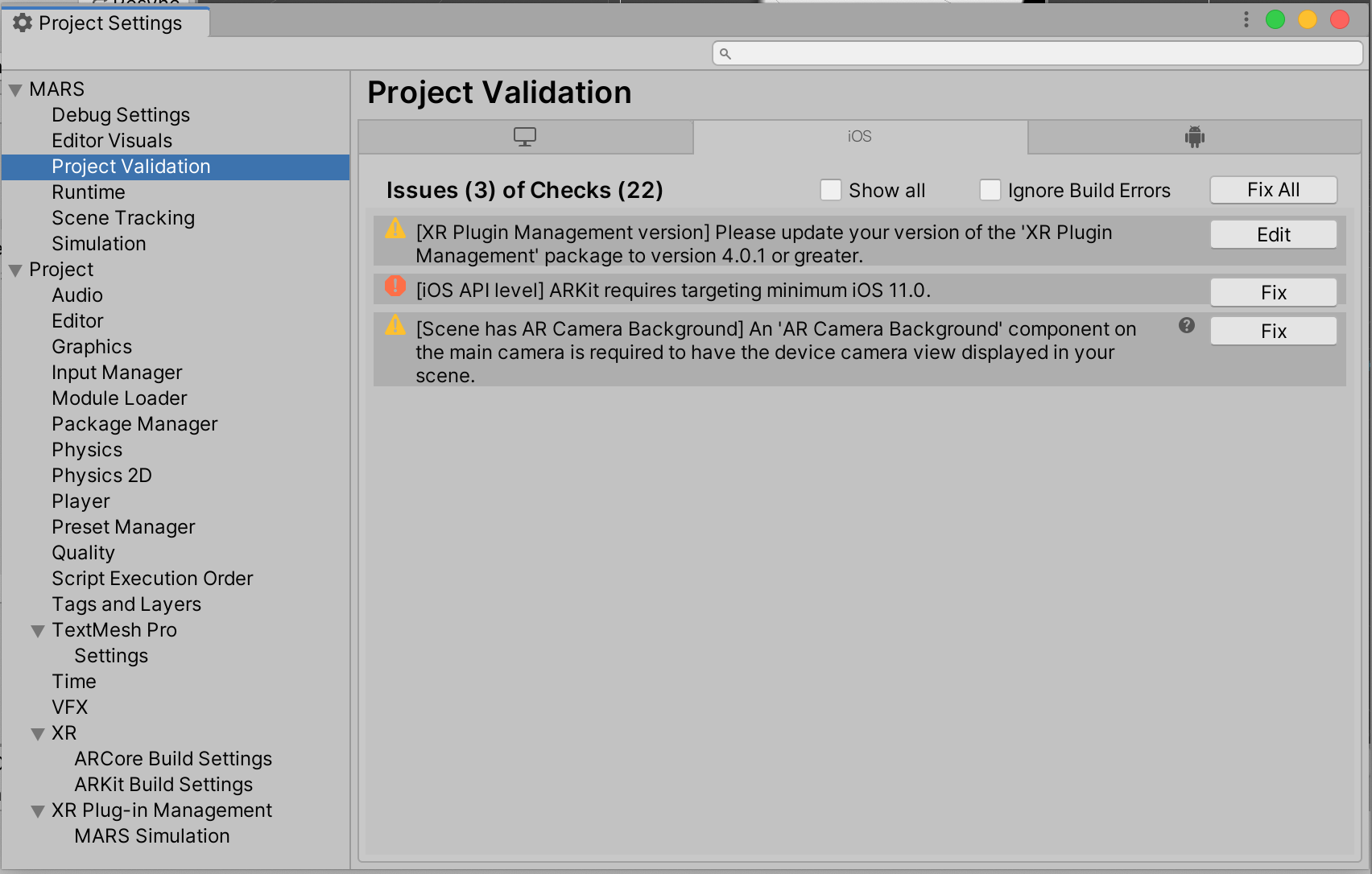 Project Validation Settings