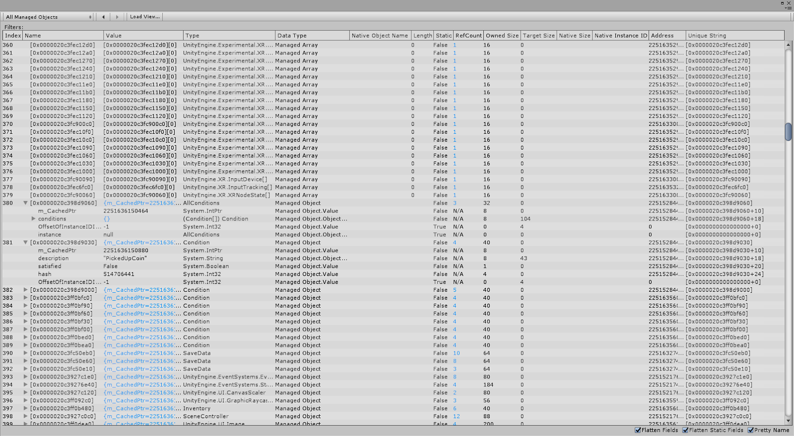 All Managed Objects Table view in the Memory Profiler