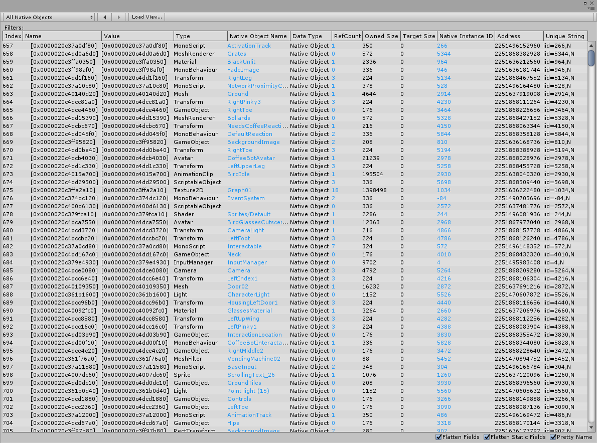 All Native Objects Table view of the Memory Profiler