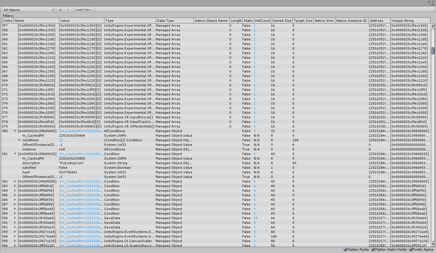 All Objects Table view in Memory Profiler