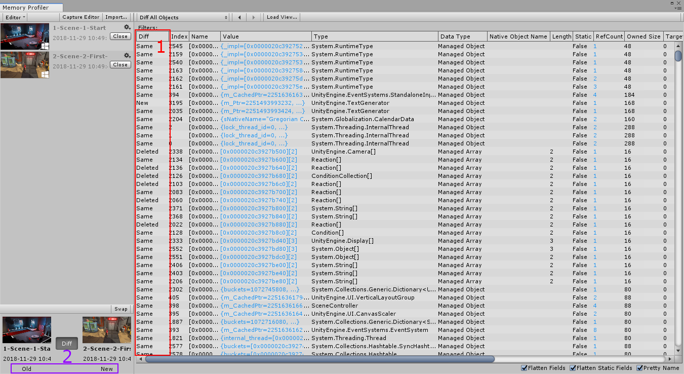 Diff All Objects Table view of the Memory Profiler