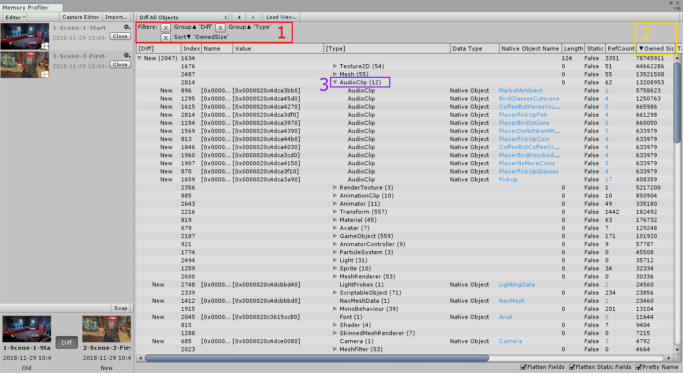 Diff All Objects Table Filtered in Memory Profile window