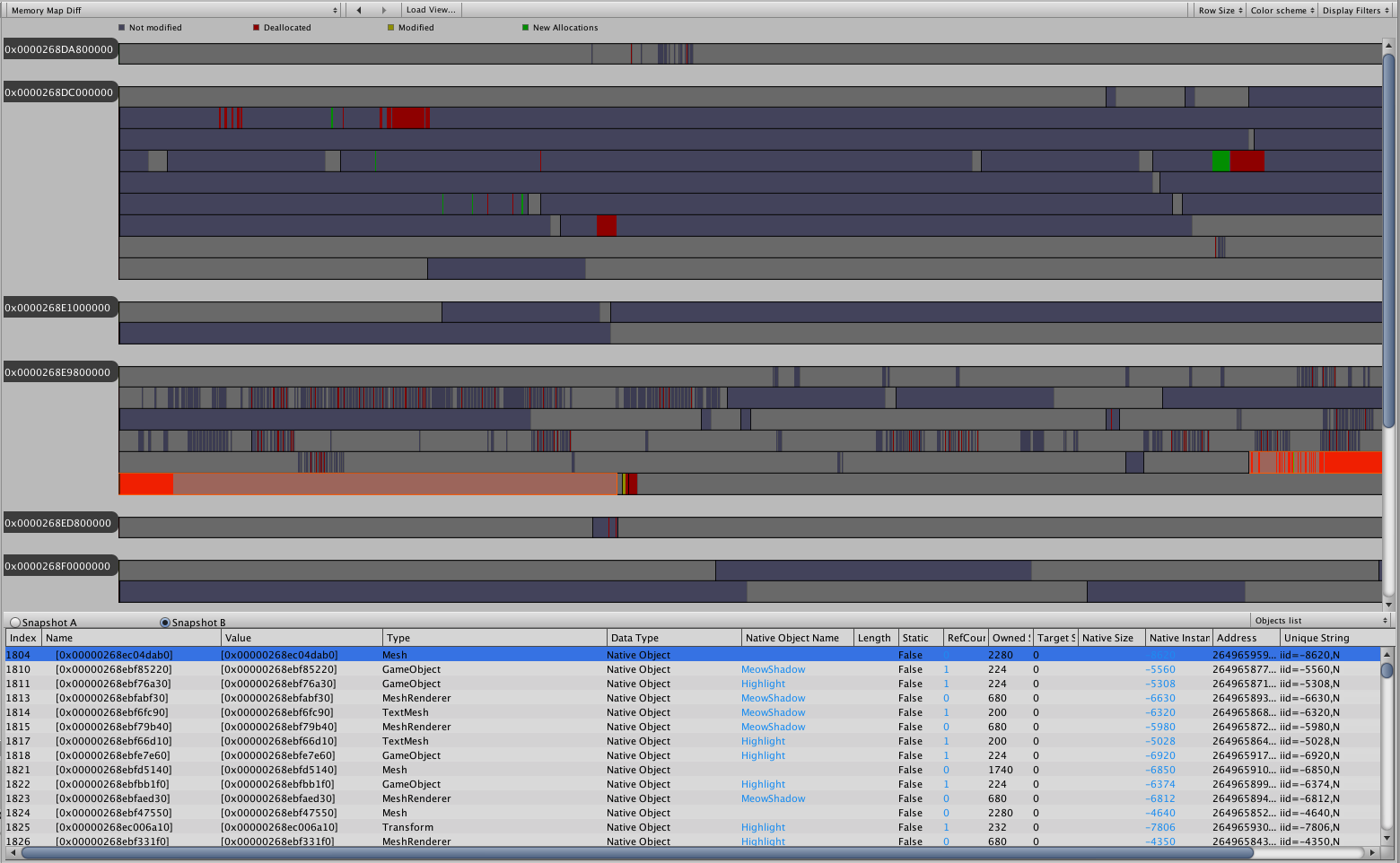 Memory Map Diff view of Memory Profiler