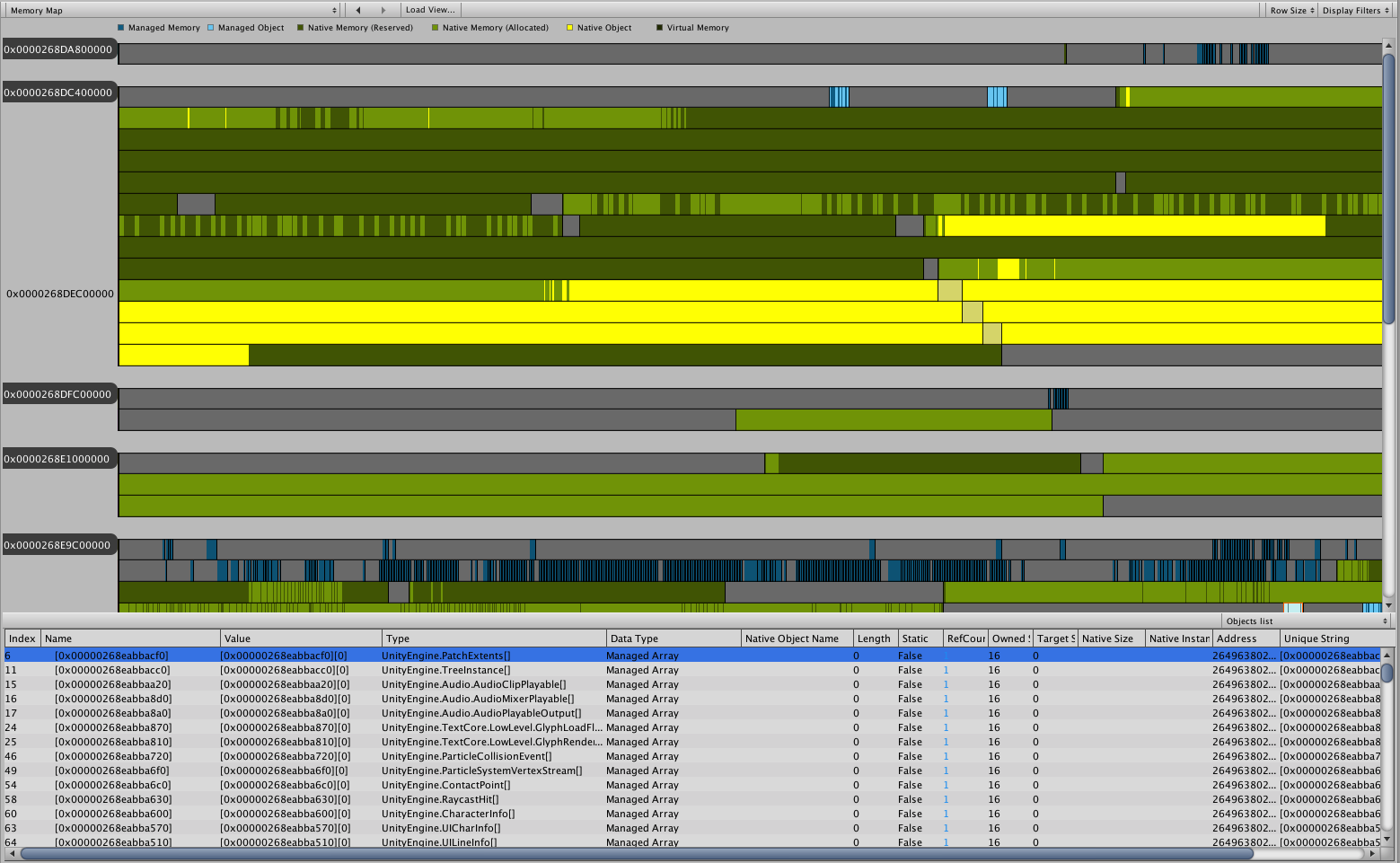 Memory Map view of Memory Profiler window