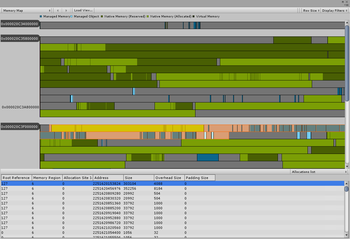 Memory Map view of the Memory Profiler window