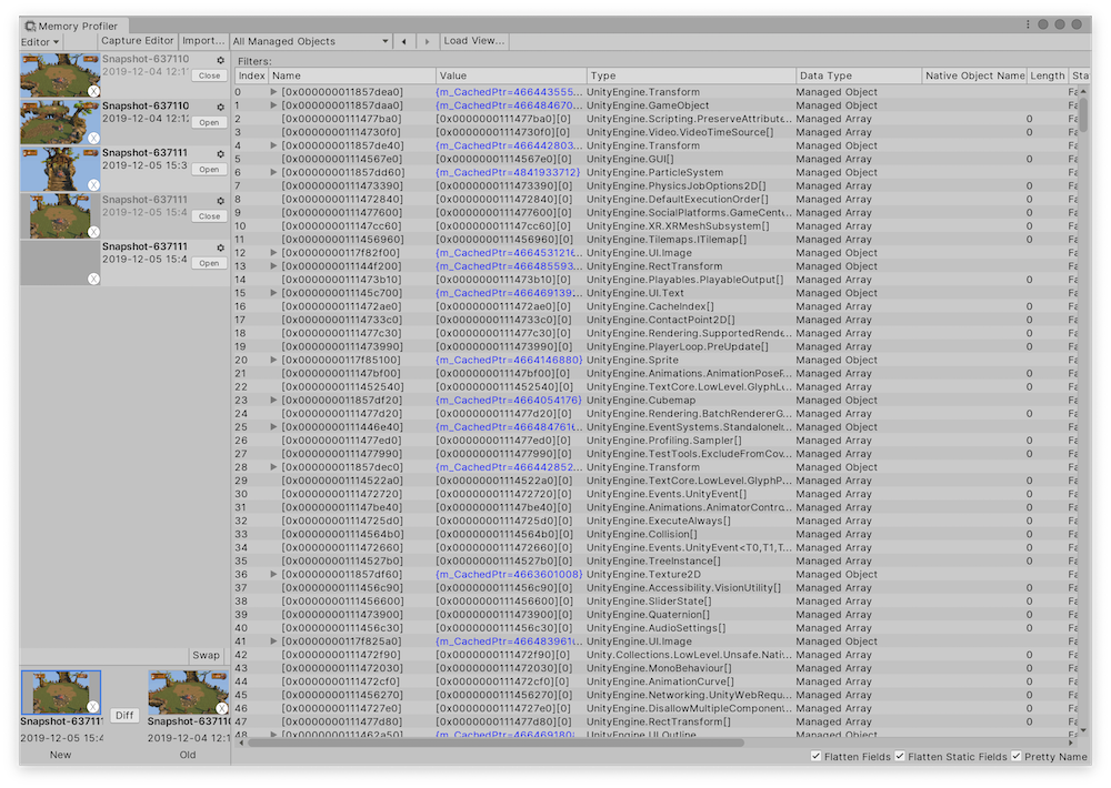 Table view in Memory Profiler