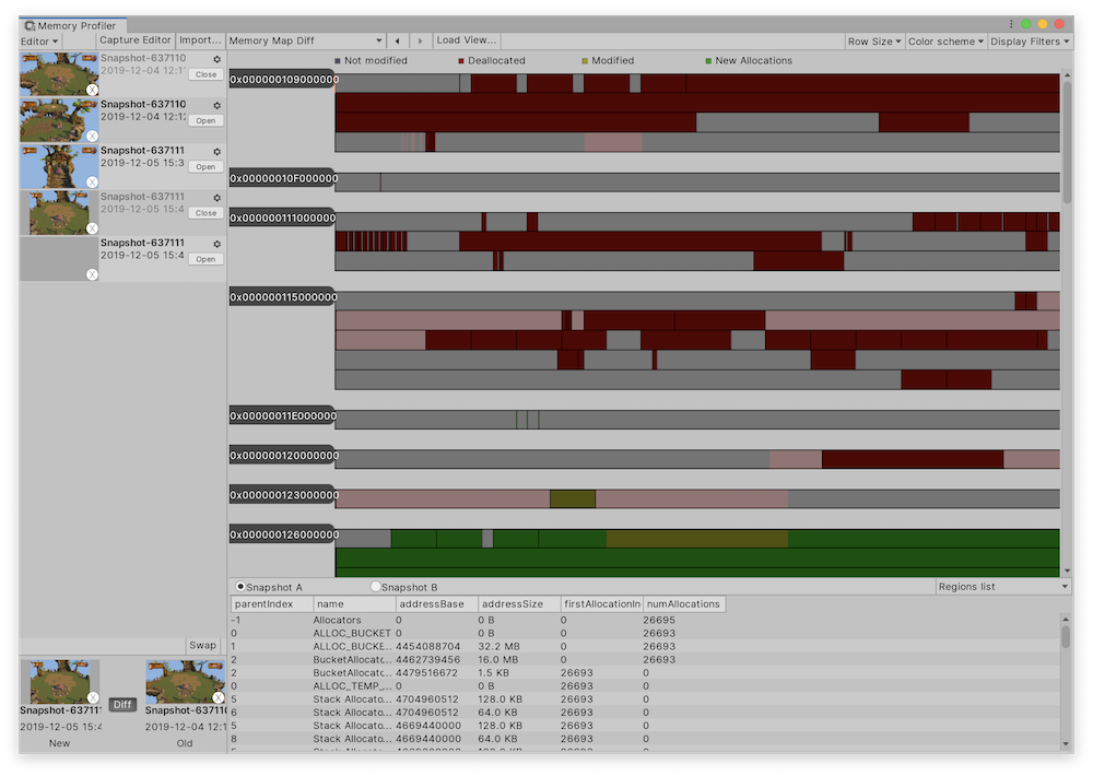 Memory Map Diff view of Memory Profiler