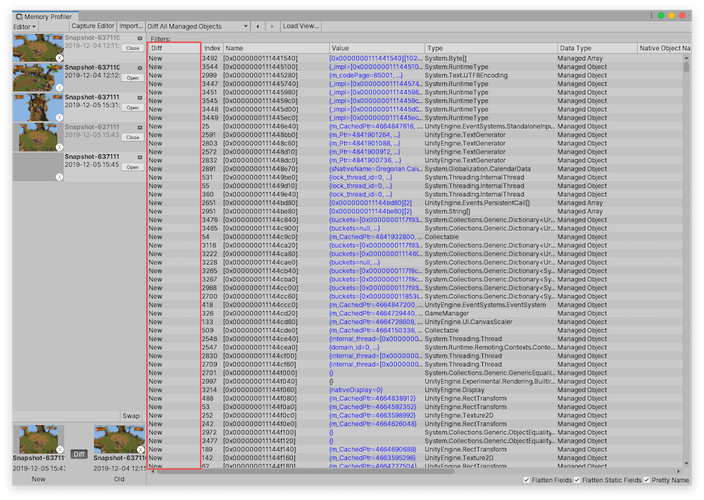 Diff All Objects Table view of the Memory Profiler