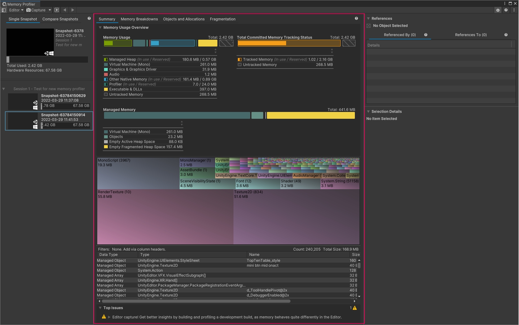 The Main View in the Memory Profiler window