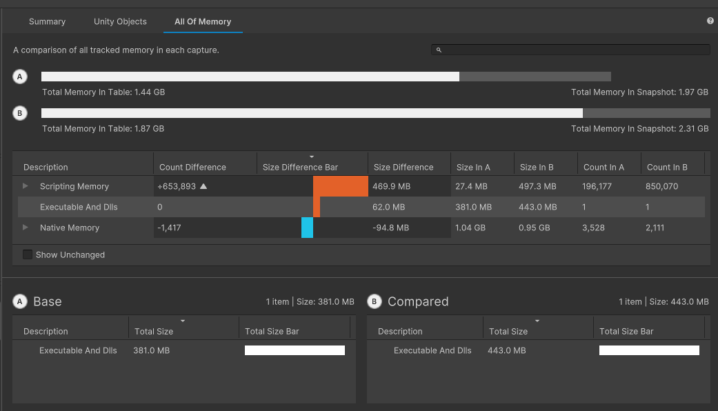 The All Of Memory comparison tab