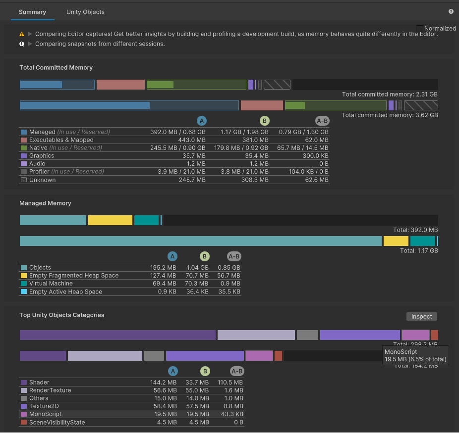 Compare two snapshots, Memory Profiler