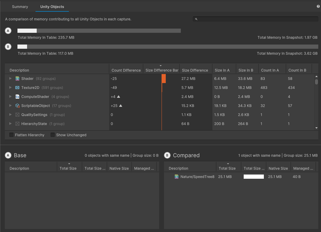 The Unity Objects comparison tab