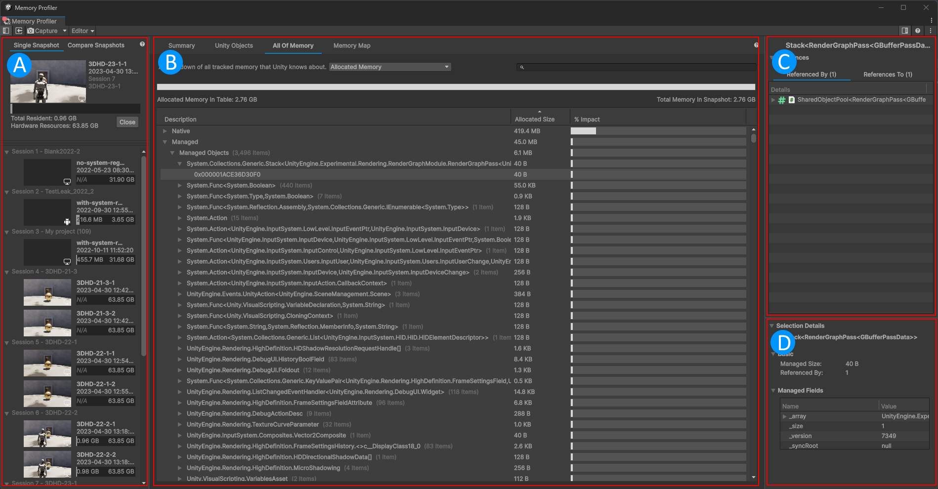 Memory Profiler window breakdown