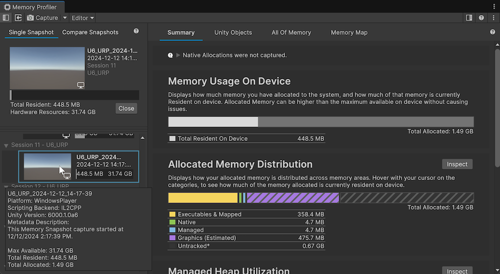 The main panel in the Memory Profiler window, with the snapshots panel displaying custom metadata.