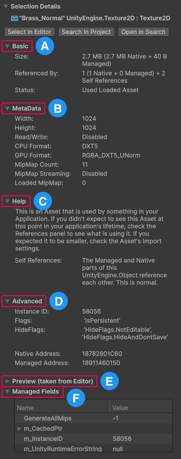 The Selection Details panel labelled A, B, C, D, E, and F.