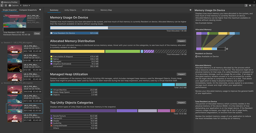 The main panel in the Memory Profiler window, with the Summary tab open displaying some data.