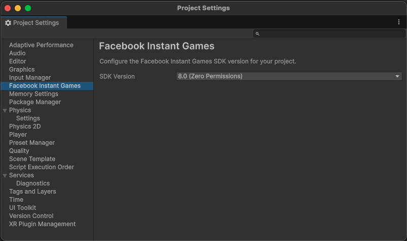 Facebook Instant Games version settings