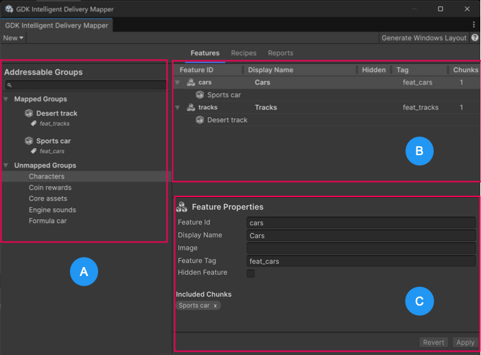 GDK Intelligent Delivery Mapper window: Features tab interface